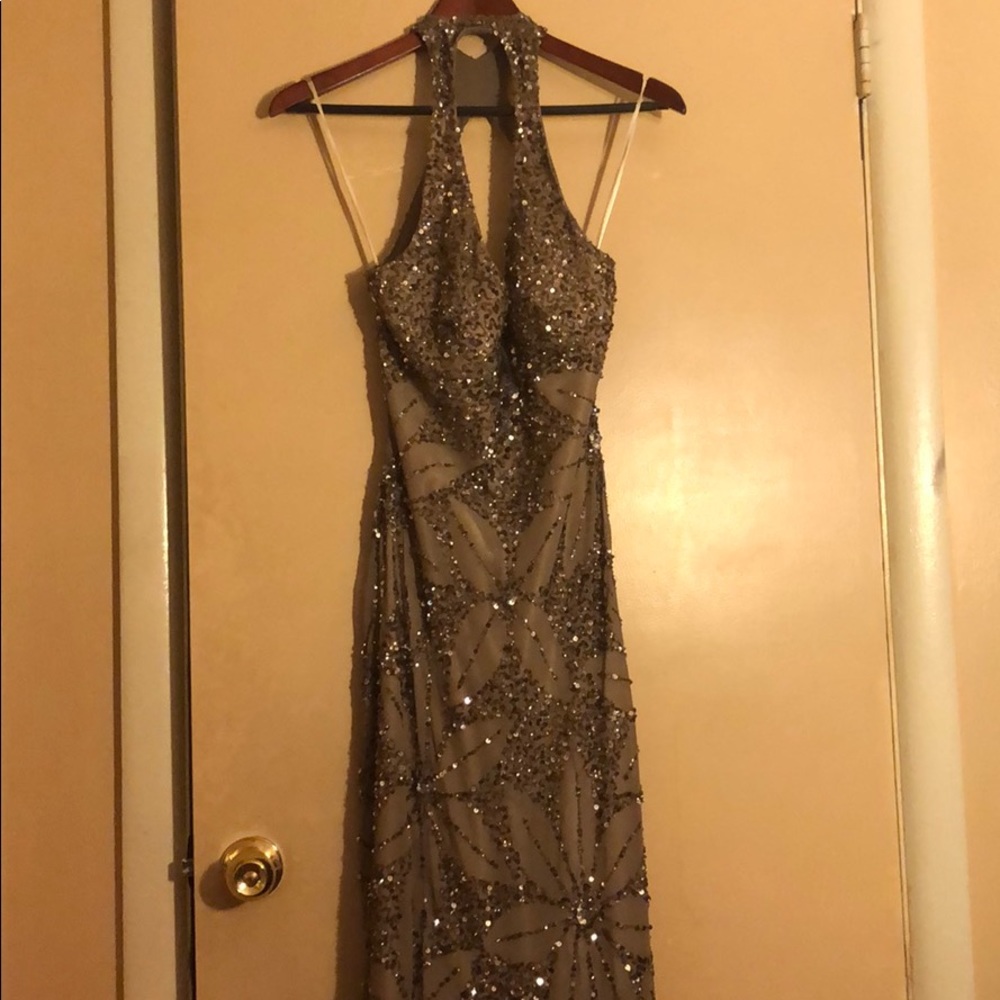 Taupe sequin floor-length gown